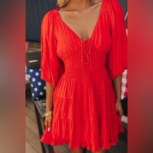 Meritt Impressions Red Smocked Puff Sleeve Tiered Mini Dress ID33256A Small NWT‎